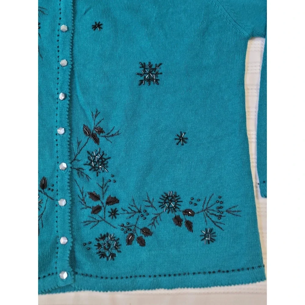Stitches In Time Cardigan Sweater 2X Dark Turquiose Black Embellished Holiday - Picture 5 of 15